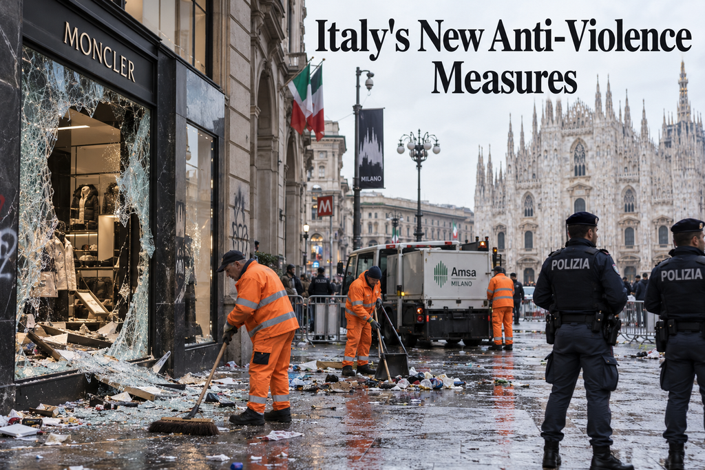 Editorial illustration of public safety concerns and property damage in Milan, Italy.