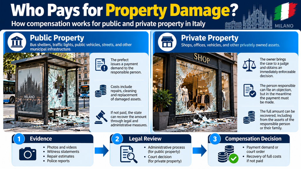 Infographic explaining public and private property damage compensation procedures in Italy.