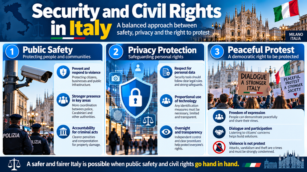 Infographic illustrating the balance between public safety, biometric privacy, and peaceful protest rights in Italy.