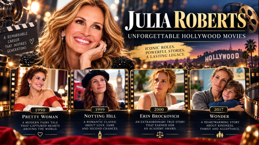Editorial timeline highlighting Julia Roberts' famous movies and Hollywood career.