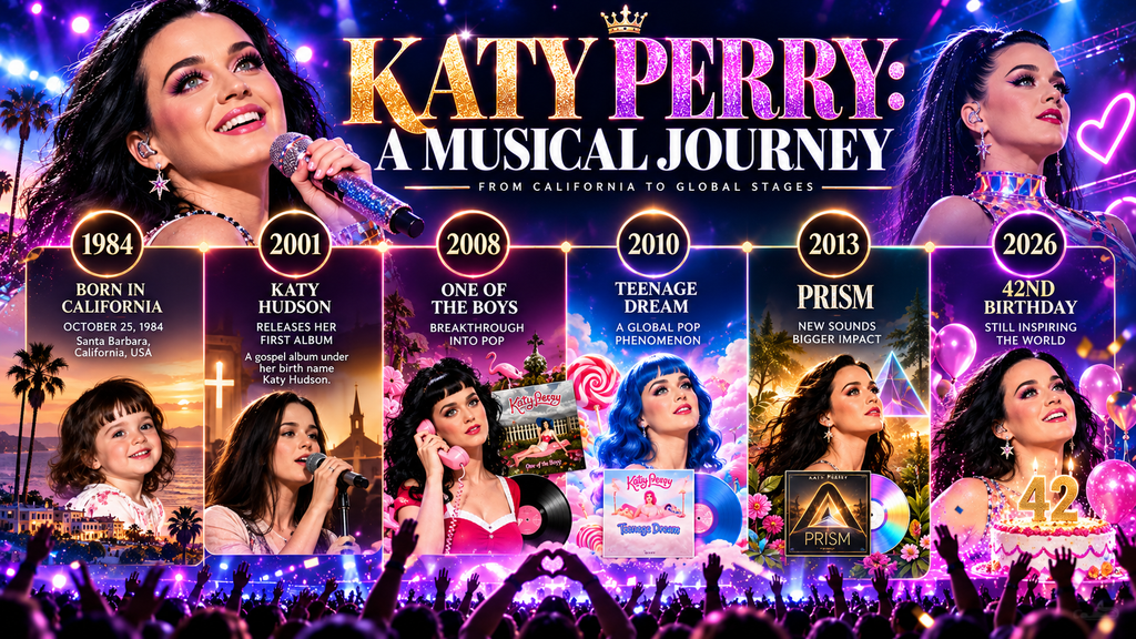 Educational music infographic highlighting Katy Perry's songs Firework, Roar, and Dark Horse and their musical themes.