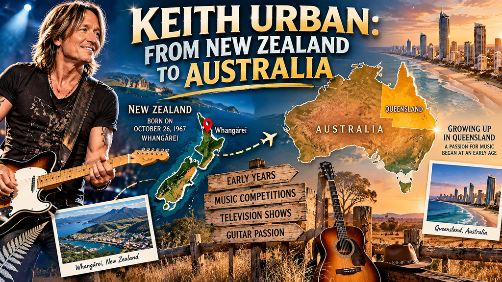 Illustrated timeline of Keith Urban's early life from New Zealand to Australia.