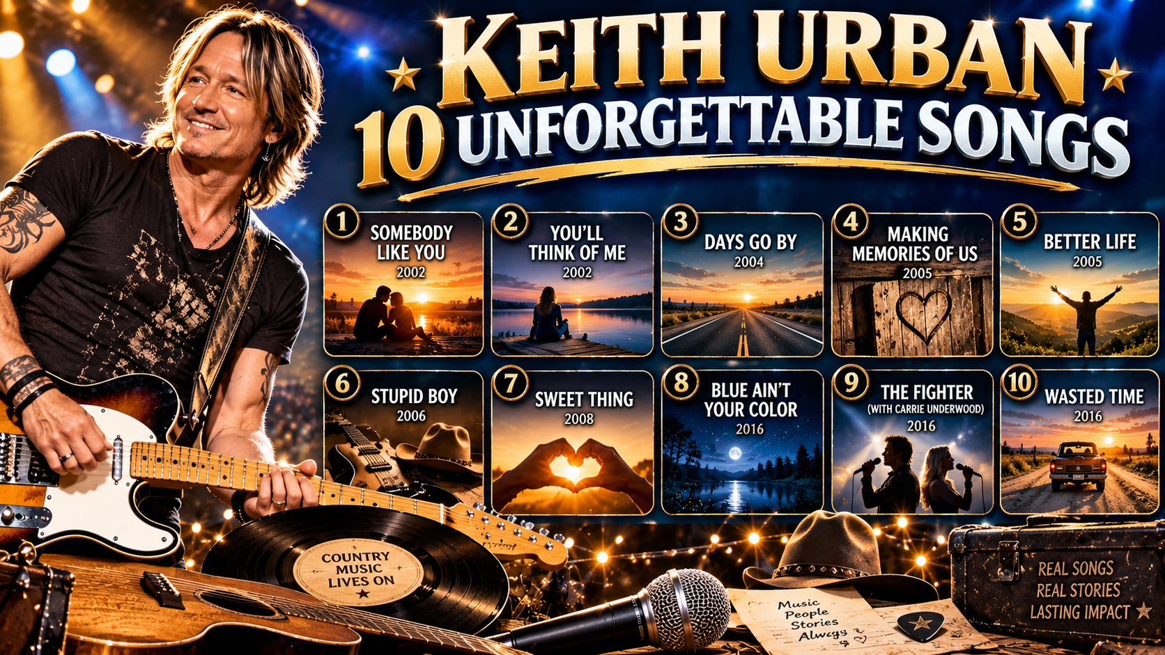 Keith Urban greatest hits infographic featuring popular country music songs.
