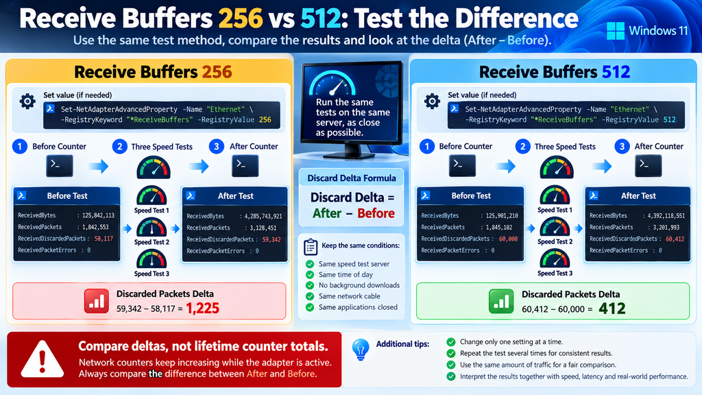 Windows Ethernet Receive Buffers 256 versus 512 packet discard comparison.