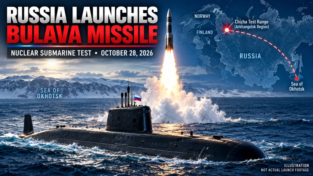 Editorial illustration of a Russian nuclear-powered submarine launching a Bulava ballistic missile from the Sea of Okhotsk.