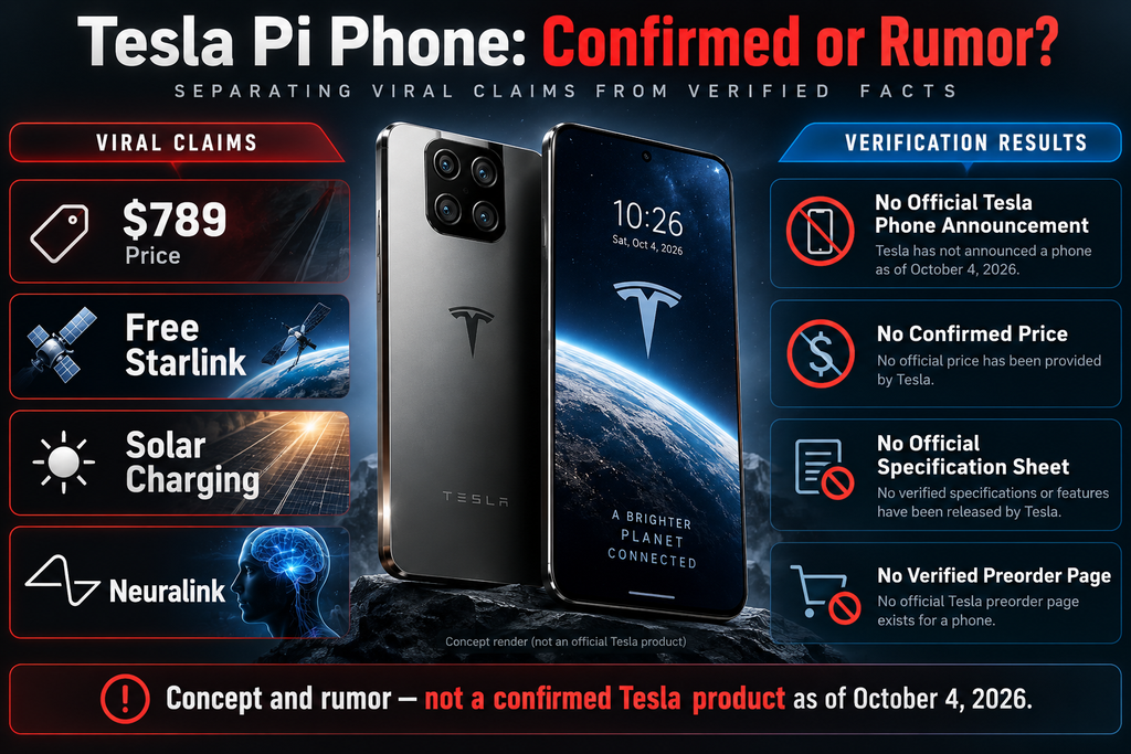Tesla Pi Phone fact-check infographic comparing viral claims with verified information