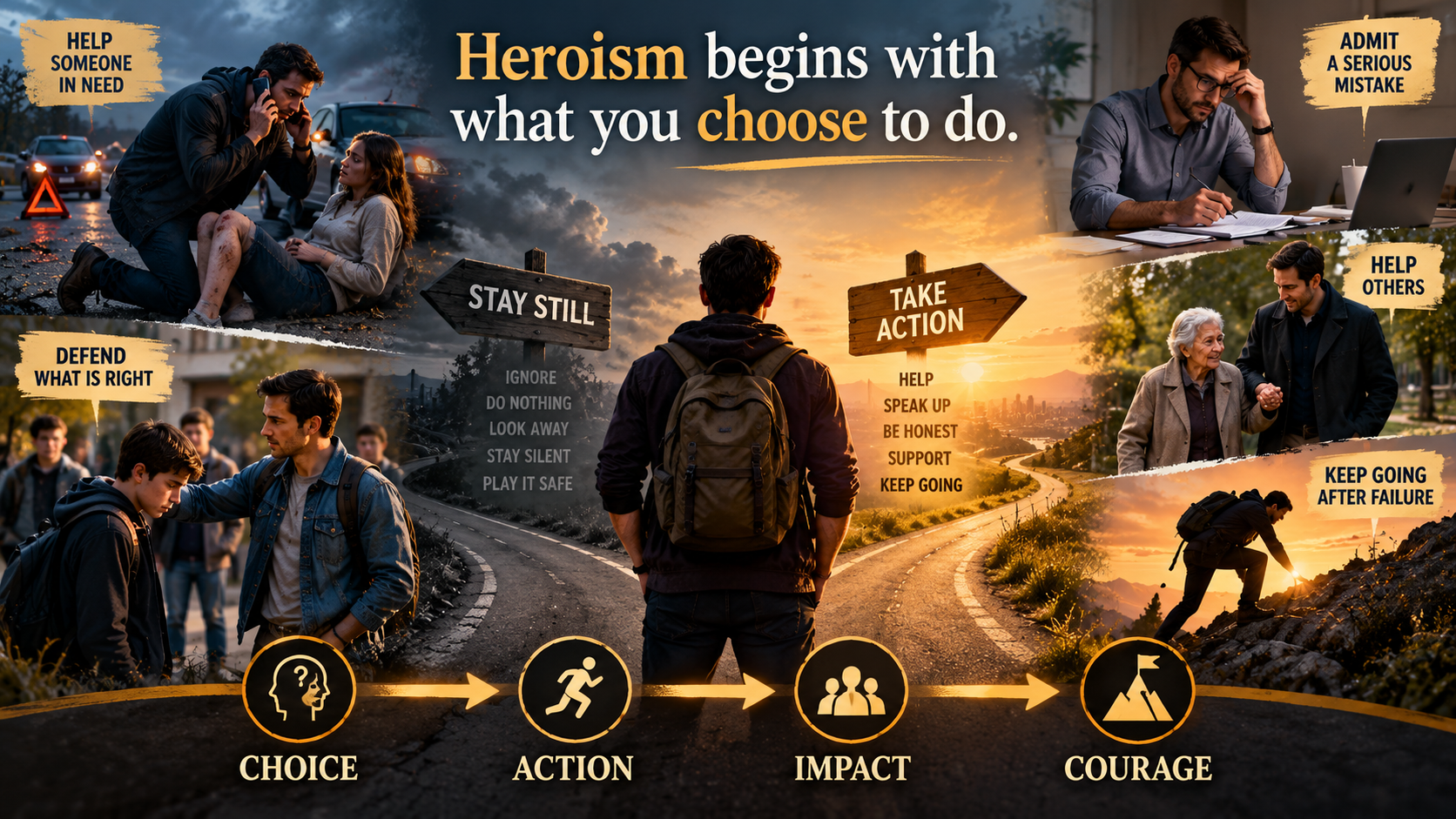 Ordinary person making meaningful choices that illustrate how action and courage can create heroic moments.