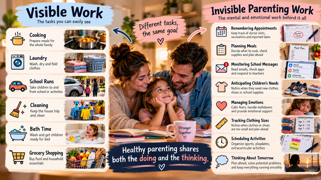 Infographic comparing visible household chores with invisible mental and emotional parenting work.