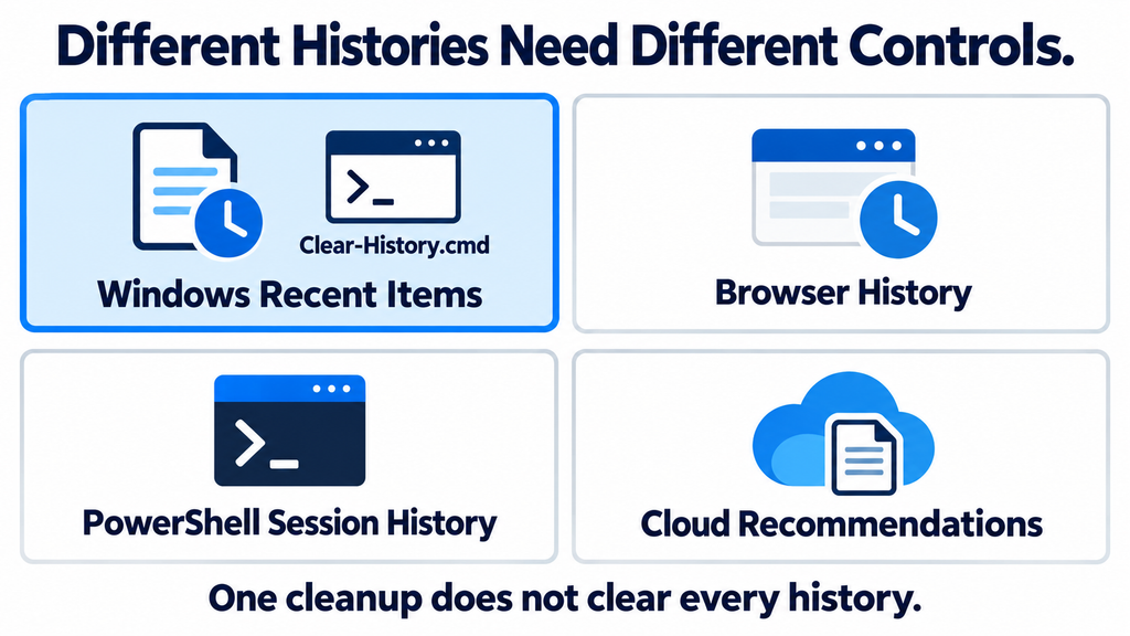 Comparison showing Windows recent items, browser history, PowerShell history, and cloud recommendations as separate features.