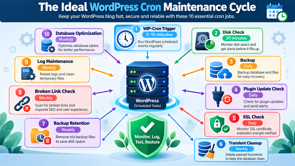 WordPress cron maintenance schedule showing ten essential automated server tasks. WordPress Cron Maintenance Cycle.