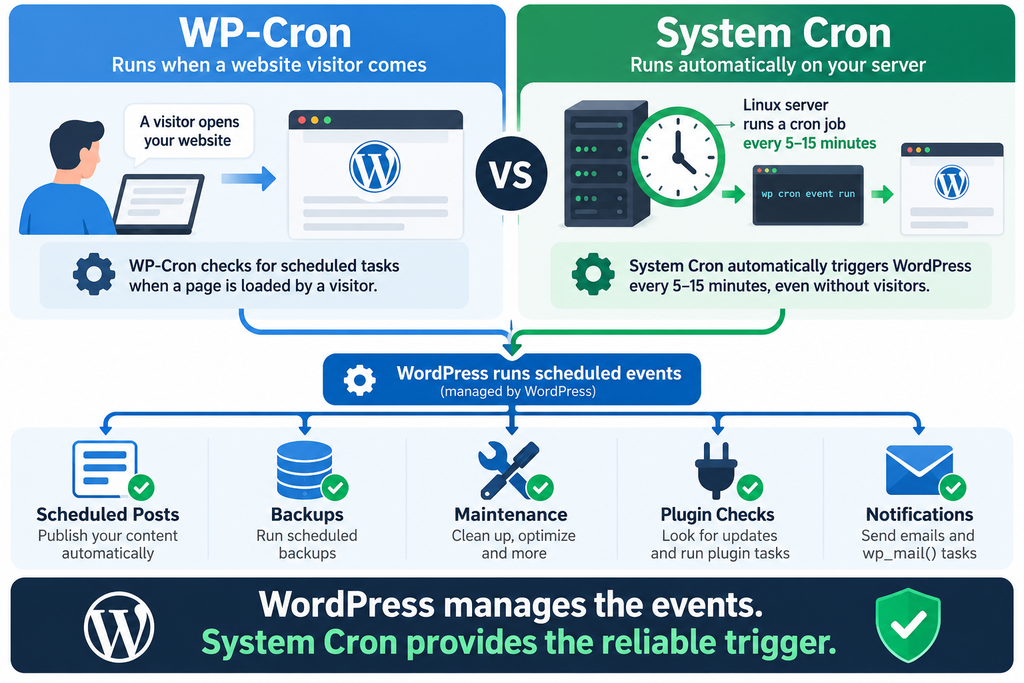 WP-Cron versus System Cron showing visitor-triggered and server-triggered WordPress scheduled tasks. WP-Cron vs System Cron Infographic