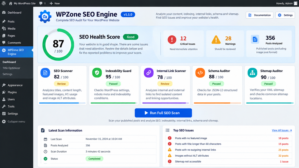 WPZone SEO Engine v1.1.0 dashboard for WordPress SEO audits